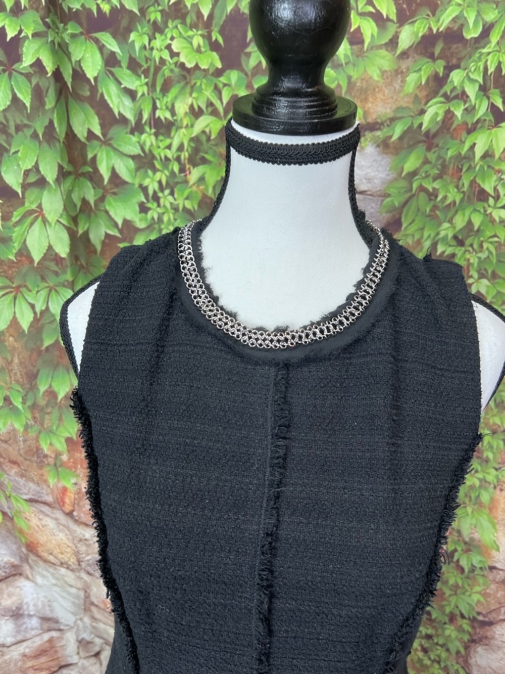 REBECCA TAYLOR Black Fringed Chain Mail Neckline Quiet Luxury Sheath Dress, 8 - Picture 3 of 11